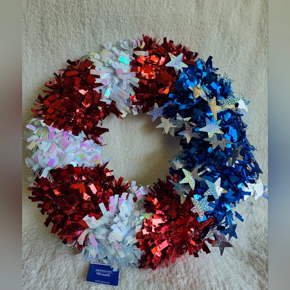 New Patriotic 4th of July Red White Blue Tinsel American flag Round Wreath 16 in